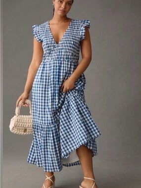 Peregrine Midi Dress, NWT, Blue Gingham, XLP, Anthropologie